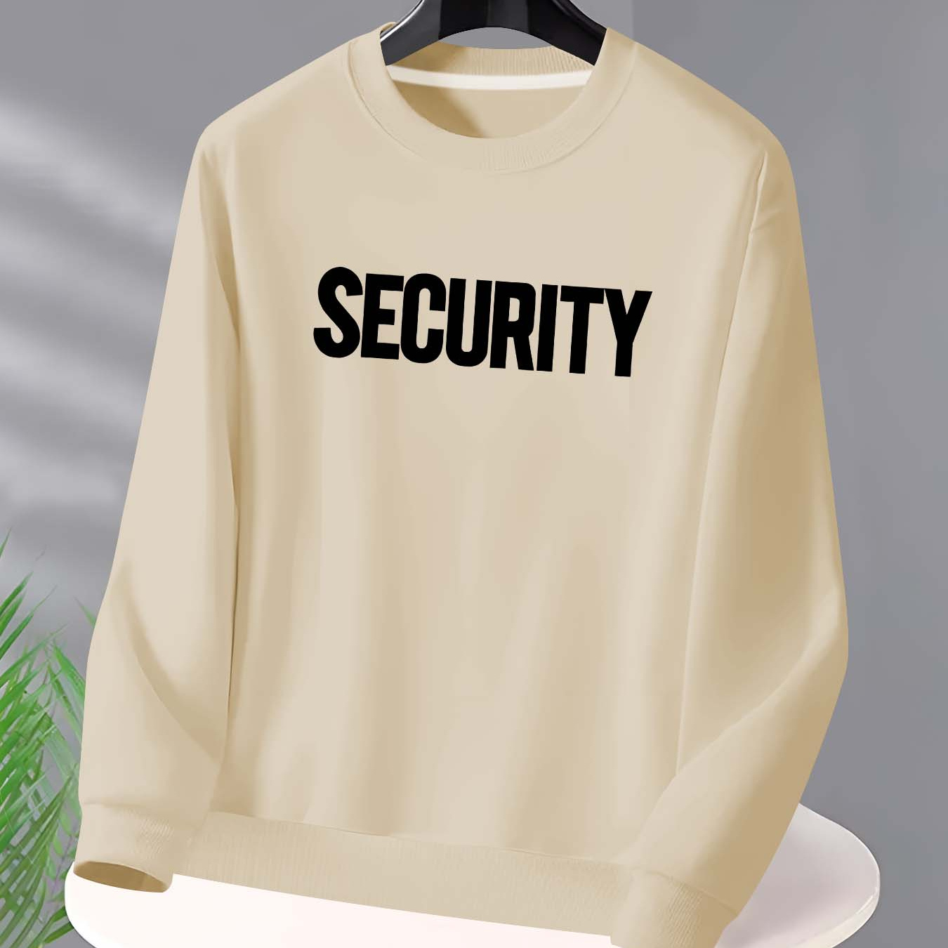 

Men's Security Print Crewneck Sweatshirt - Casual Long Sleeve Pullover, Polyester Knit Fabric, Round Neck Design, Machine Washable