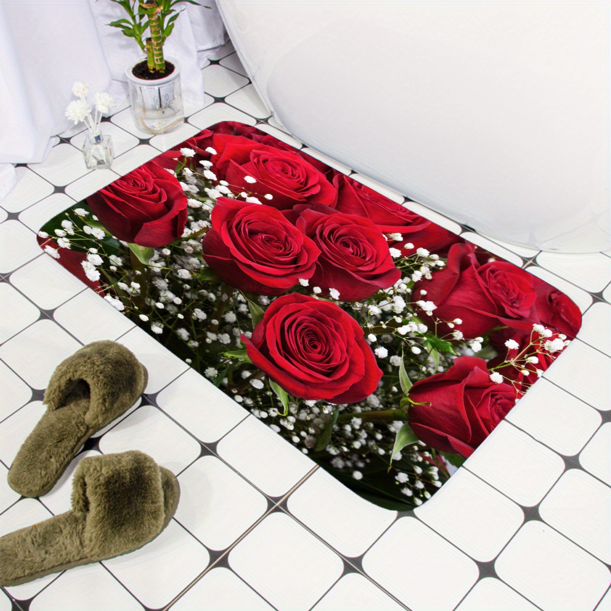 

1pc (flannel + Sponge) Rose And Star Bathroom Mat, 1cm, 468g/square