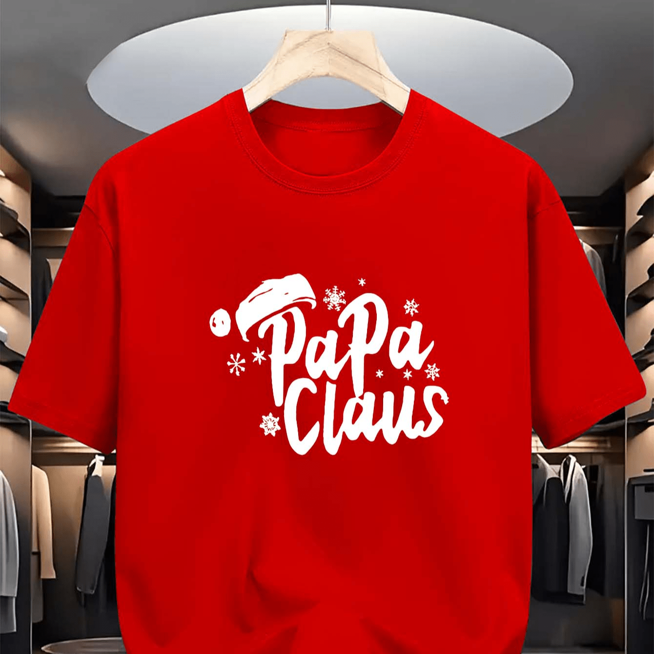 

Christmas Papa Claus Print, Men's Round Crew Neck Short Sleeve Tee, Casual T-shirt, Casual Comfy Lightweight Top For Summer