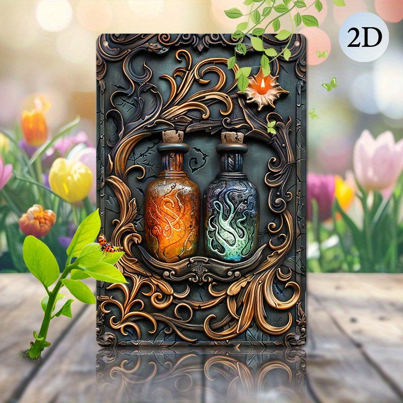 

Vintage-style Bottles Aluminum Wall Art - Intricate Scrollwork Design Metal Plaque - Pre-drilled Indoor/outdoor Decor - 1pc 8x12 Inch