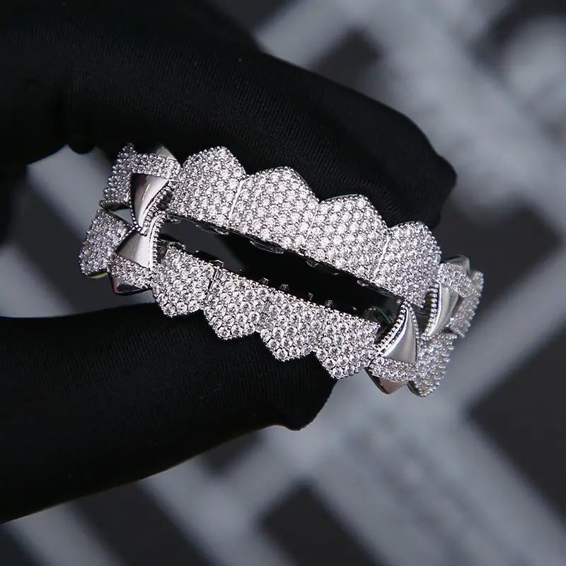 2pcs set hip hop bling   cz halloween vampire teeth grills for women and men top and   cubic zirconia golden silvery color plated tooth grills cap jewelry