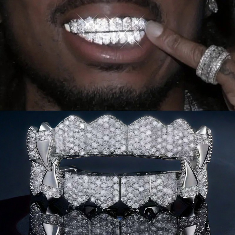 2pcs   hip hop grillz bling bling full 16 tooth upper lower   oral punk style   alloy teeth grills suitable for makeup   rap artists for fashion accessories