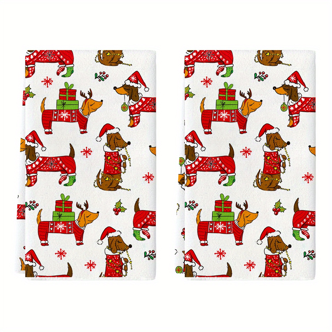 

2 Pcs Festive Dachshund Kitchen Towels - Hand Towels With Christmas Decor, Perfect For Holiday Kitchen Decorating - Hand Wash Only