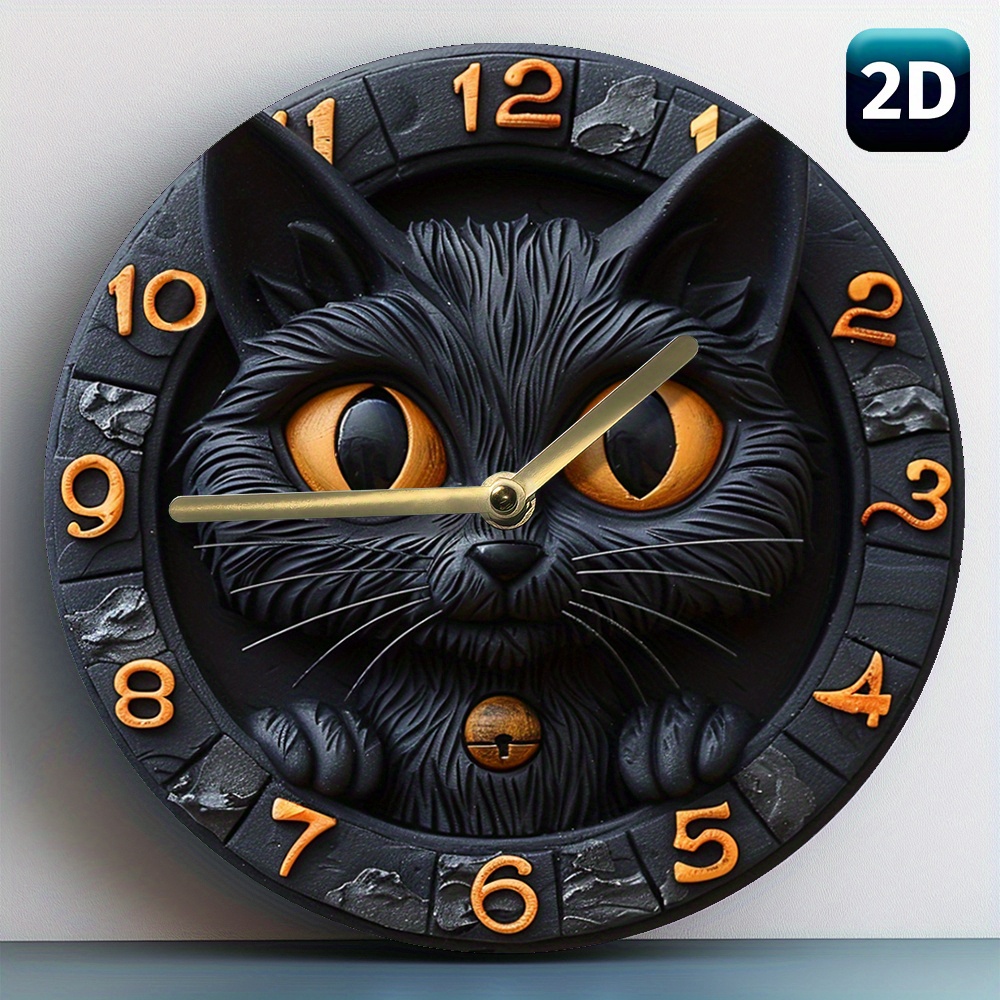 

1pc Black Cat Quartz Silent Wall Clock, Wood Fiber Board, Round 8-inch Home Decor, Aa Battery Operated, For Living Room, Dorm, Office - Silent Movement Autumn Theme Clock