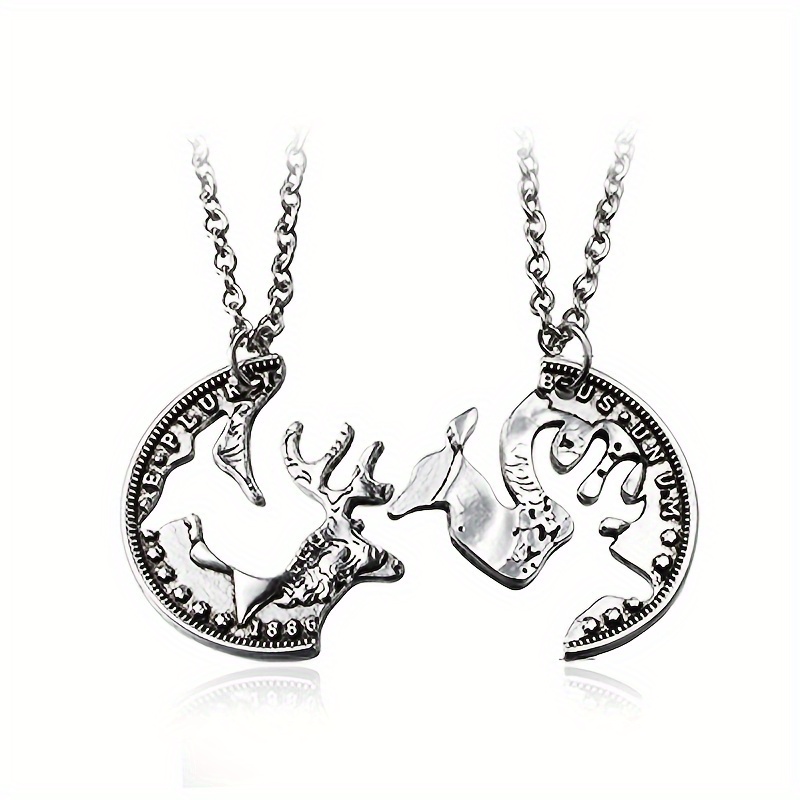 

2pcs Vintage Stitching Elk Pendant Necklaces Christmas Elk Necklaces Couple Valentine Anniversary Artificial Jewelry Gift For Lover