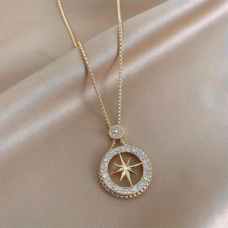 

1pc Exquisite Sparkling Rhinestone Eight-pointed Star Decor Round Pendant Necklace, Long Sweater Chain Accessories For Autumn And Winter, Ideal Choice For Gifts