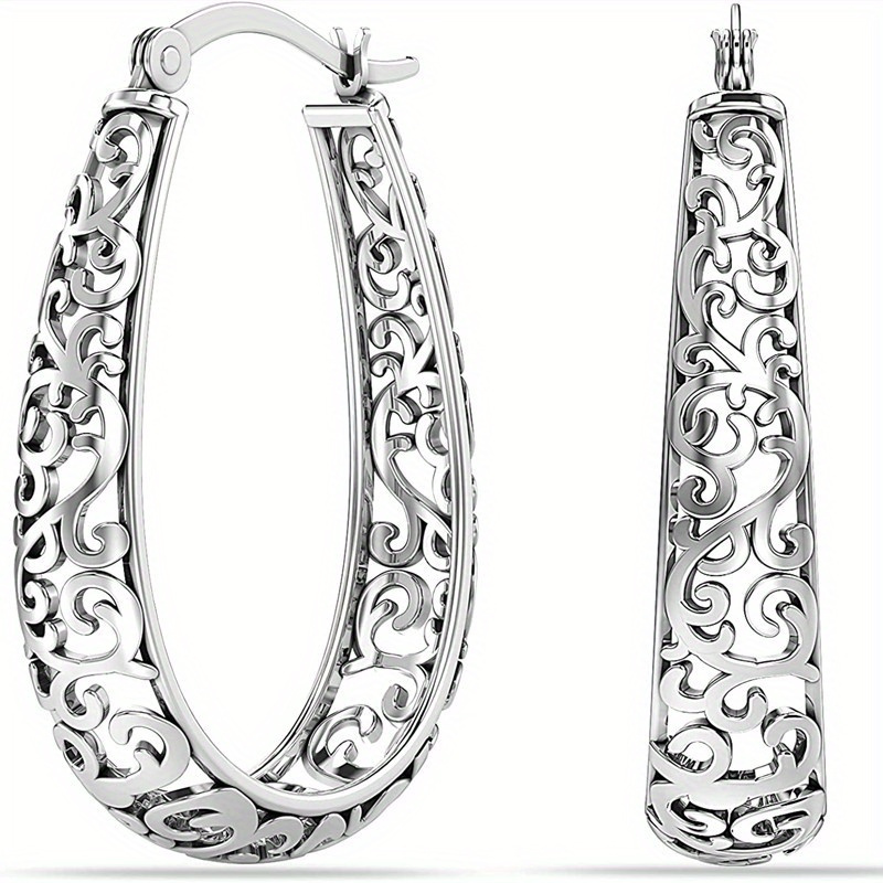 

Vintage Hollow Pattern Hoop Earrings For Women, Trendy Silvery Plated Vintage Bohemian Style Hoop Earrings, Ear Jewelry For Party