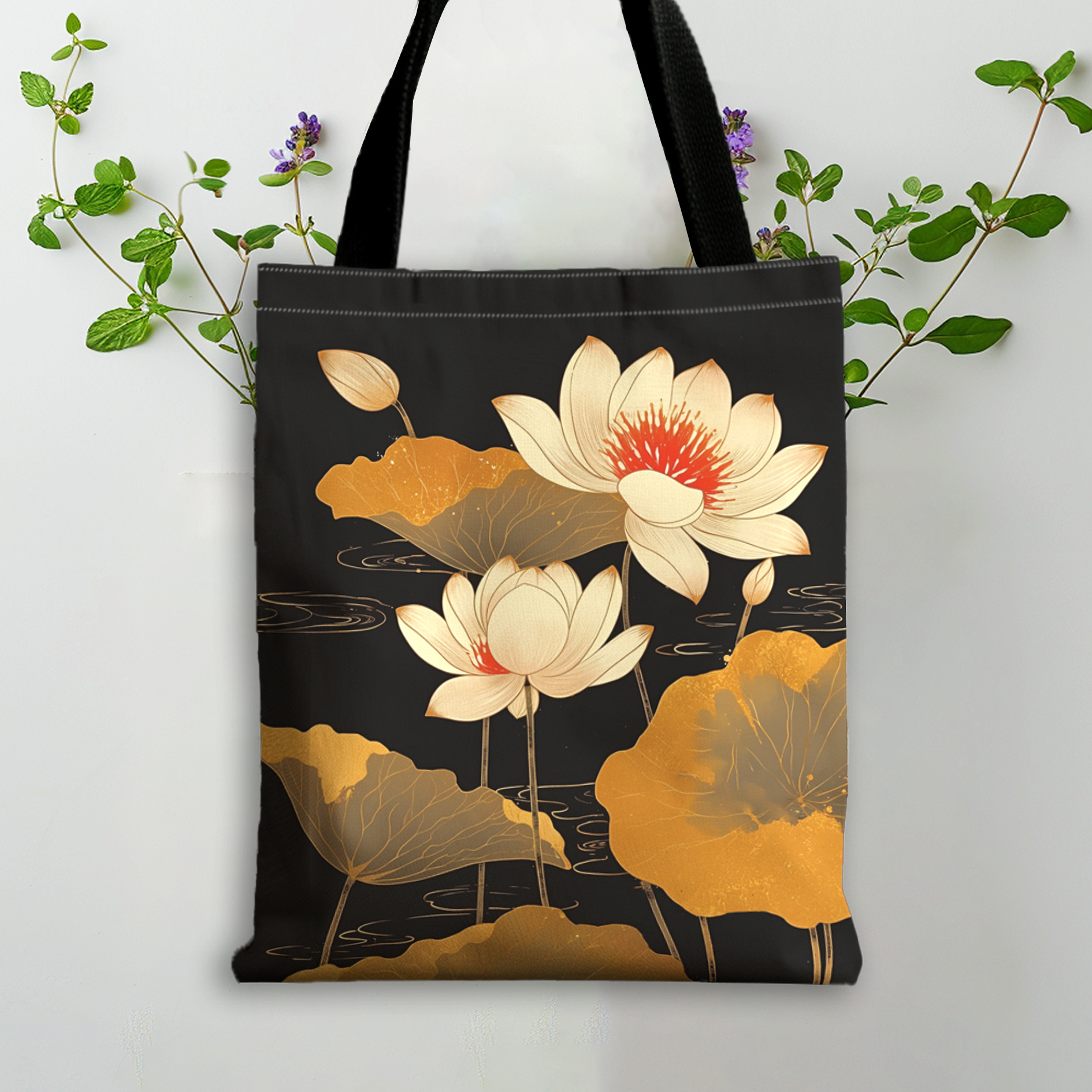 TEMU 1pc For Lotus Flowers Pattern Tote Bag, Shopping, Large Capacity Shoulder Bag