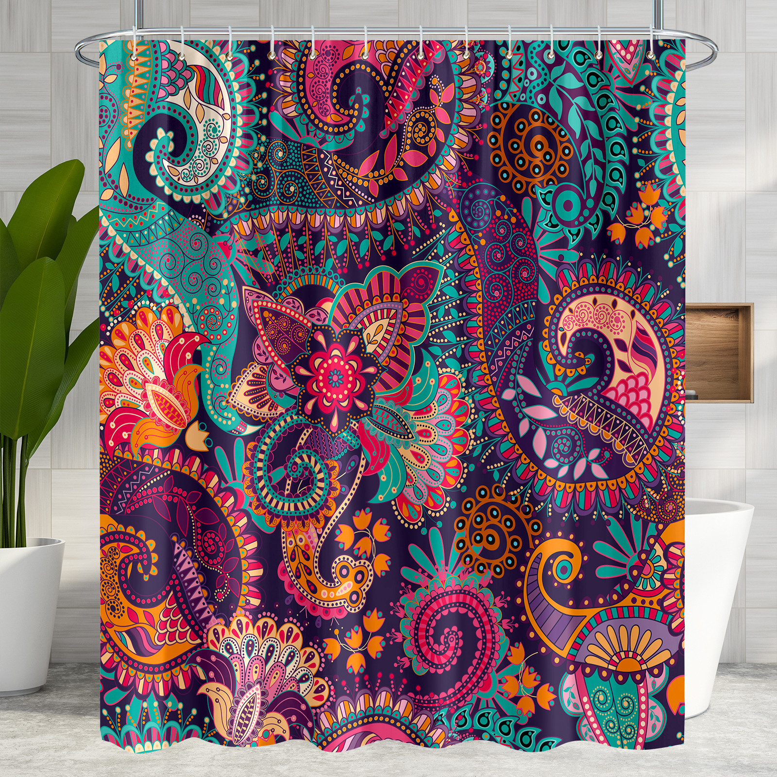 

Bohemian Floral Shower Curtain Set With 12 Plastic Hooks - 71"x71" (180cmx180cm) - Waterproof Polyester Fabric - Artistic Design - Suitable For Most Bathroom Tubs And Shower Stalls