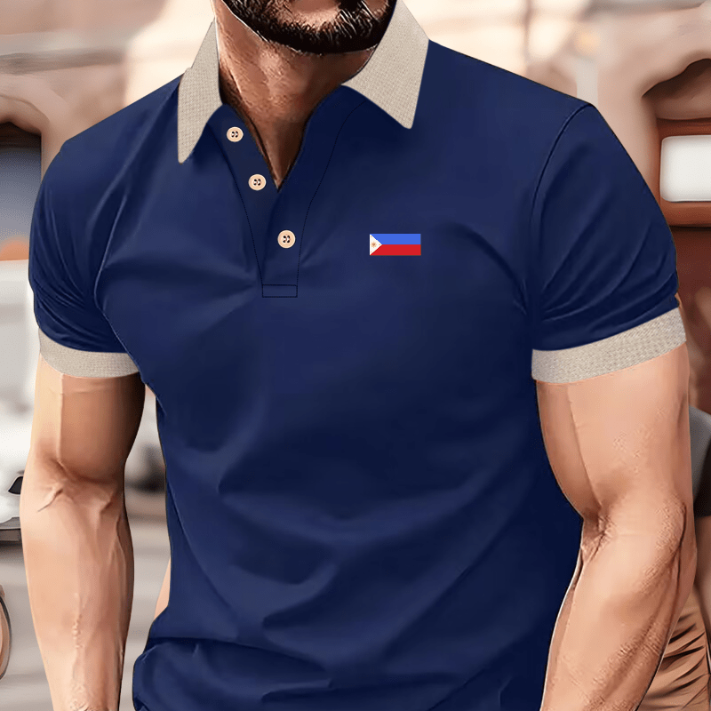 

Philippine Flag Emblem Men's Polo Shirt - Casual Summer Knit Fabric Polyester Short Sleeve Golf Shirt With Geometric Pattern, Slight Stretch, Regular Fit, Lapel Collar And Button Details