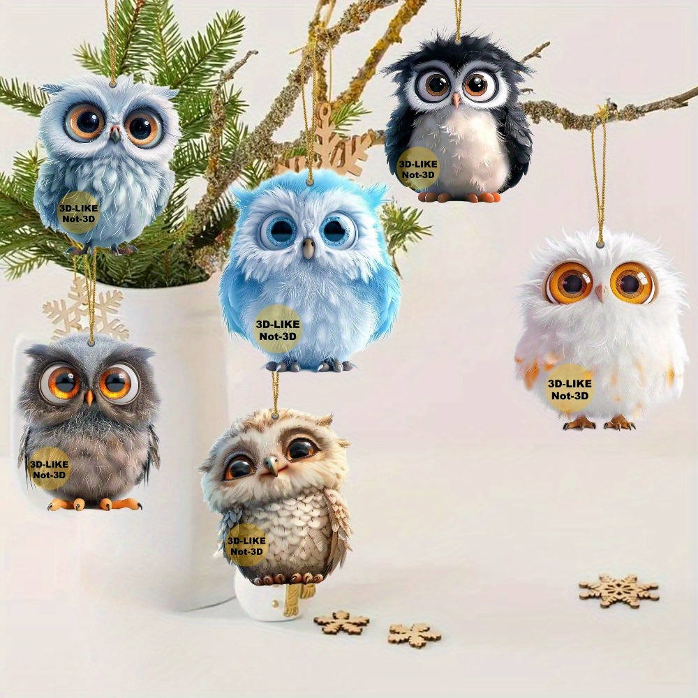 

6pcs Cute Owl Acrylic Pendant Set - Fluffy 2d Decor For Home, Office, And Outdoor Spaces - Birthdays, Christmas & Holiday Parties, Christmas Decor