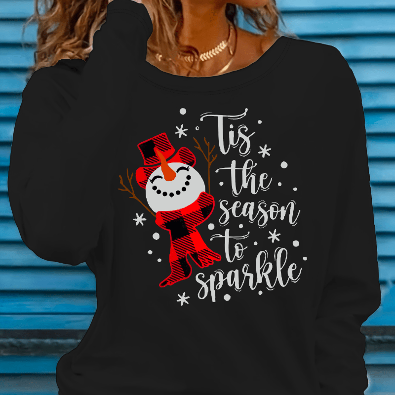 

Plus Size Christmas Snowman Print Long Sleeve T-shirt - Polyester Blend, Knit Fabric, Crew Neck, Medium Stretch, Casual Fall/winter Tee