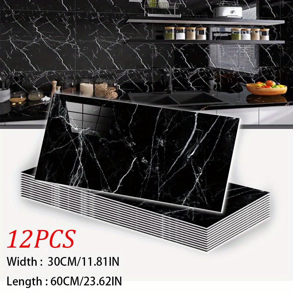 12pcs/20pcs Self Adhesive Black Marble Pattern Thick Foam Wall Stickers, Kitchen Bathroom Waterproof Decorative Stickers 30x60cm/ 11.81x23.62in