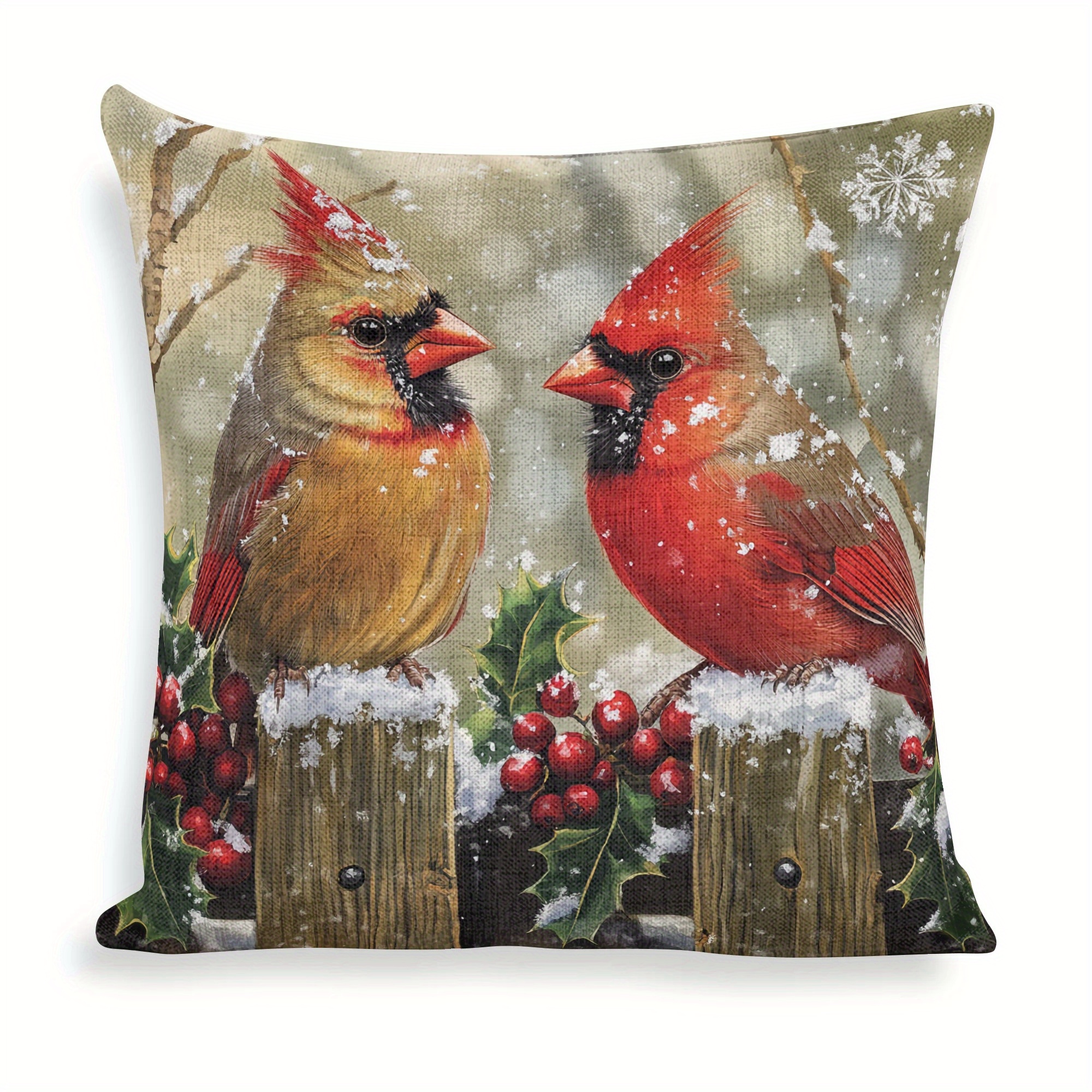 

2pc Winter Bird Throw Pillow Covers 18x18 Inch, Linen Zippered Pillowcases, Hand Wash, Contemporary Style, Woven Decorative Cushion Covers For Sofa, Chair, Bed, Home And Office Decor