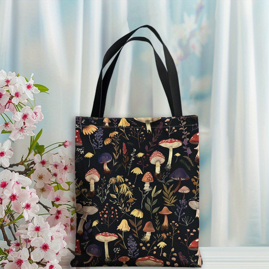 

Machine Washable Polyester Tote Bag With Mushroom Print, No-closure Shoulder Bag, Unlined, Durable And Reusable Shopping Bag (1pc)