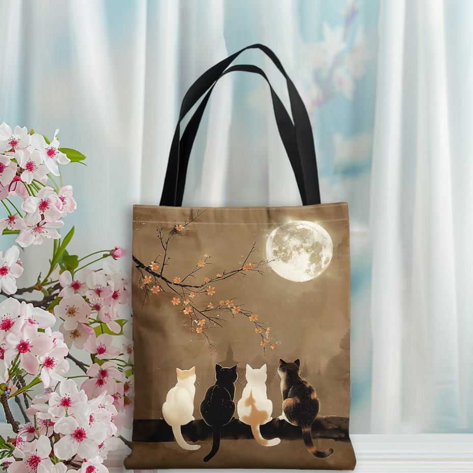 

1pc Cute Kitten Pattern Tote Bag – High-quality Reusable Shopping Bag With Cherry Blossom & Moon Design, Black Handles, Polyester Material, Everyday Use