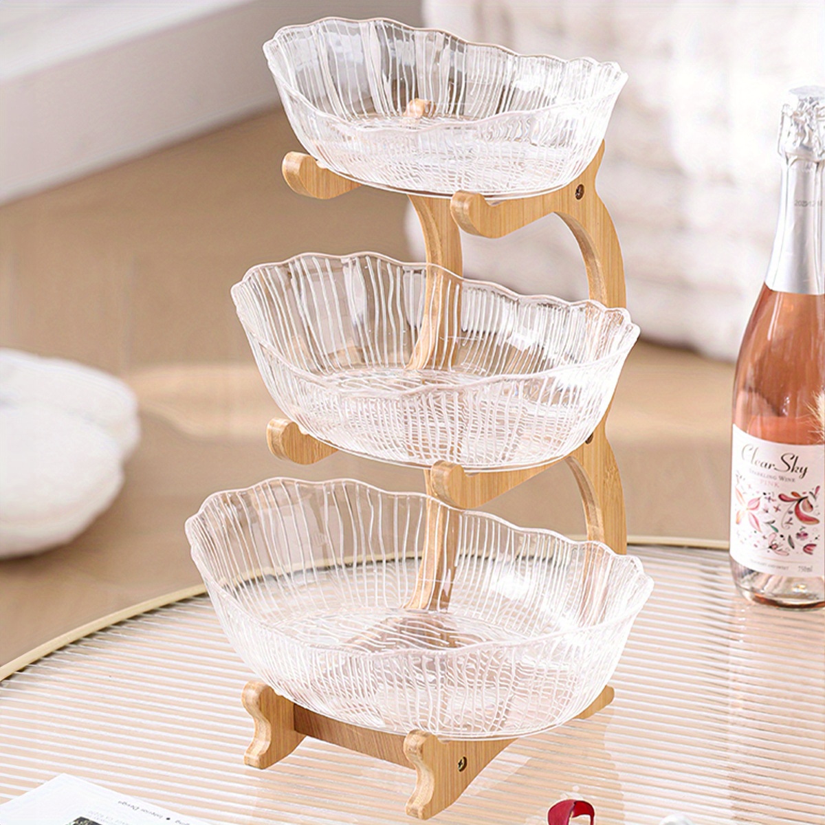 1set Drop Resistant Plastic Fruit Tray Wooden Frame Kitchen Storage Fruit Tray Set