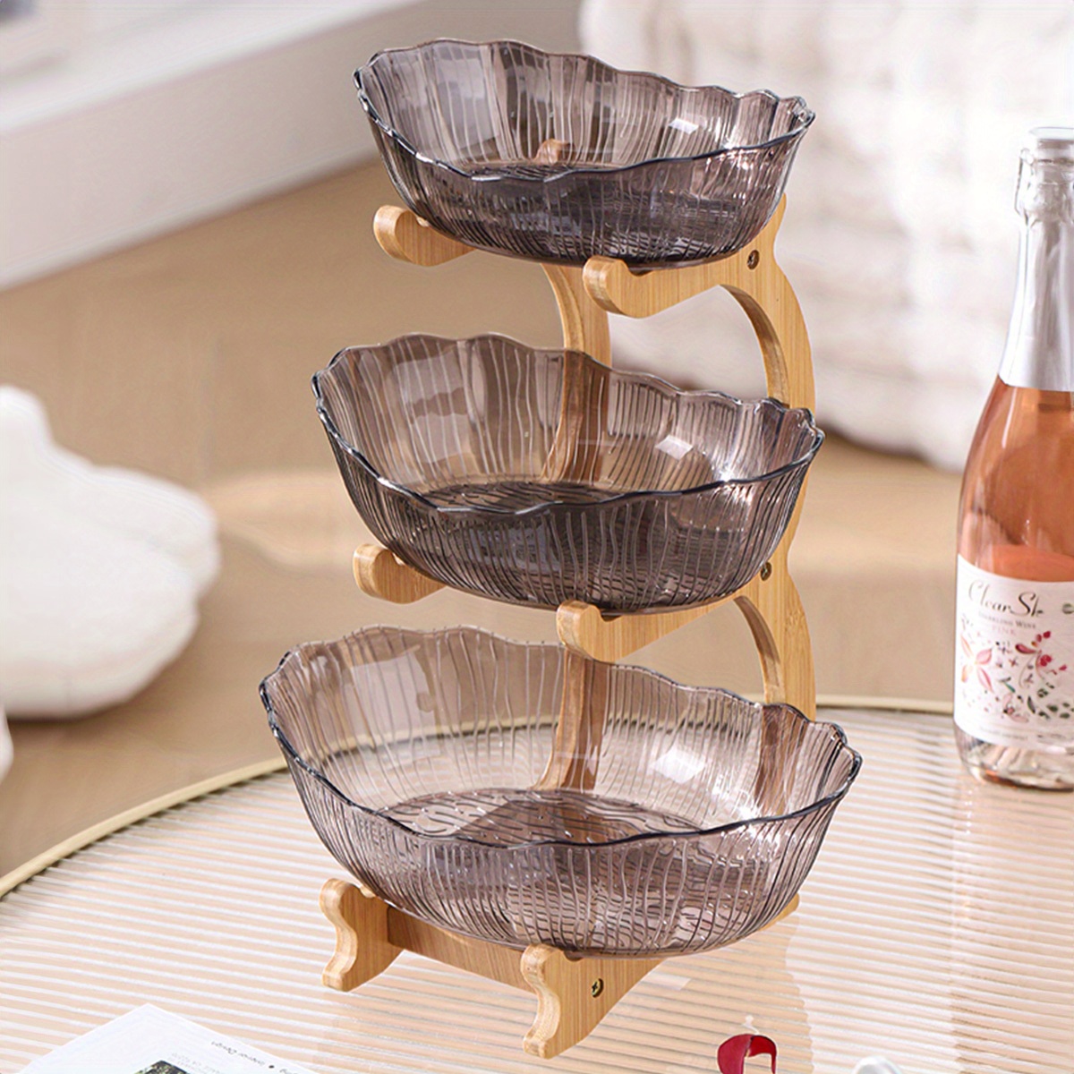 1set Drop Resistant Plastic Fruit Tray Wooden Frame Kitchen Storage Fruit Tray Set