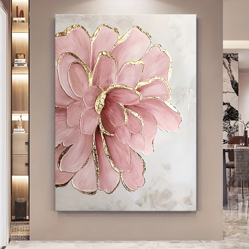 

Adhesive Canvas Printing - Pink With Gold Decoration, Modern Decorative Wall Hanging Decoration Living Room, Hotel - Luxury Flower Machine Printing Canvas Wrapping Canvas With Frame