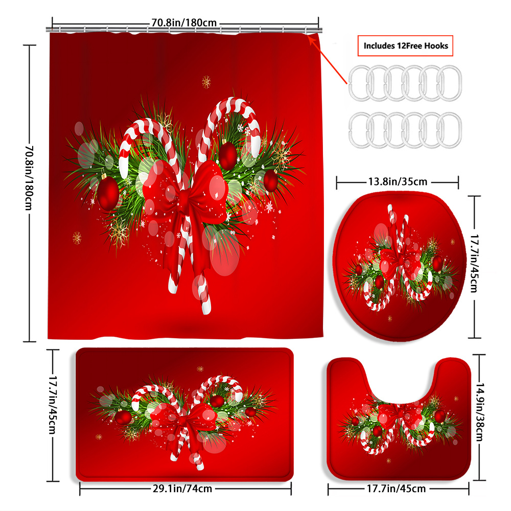 TEMU 4pcs Christmas Candy Curtain Shower Curtain Decoration, Beautiful Housewarming Gift, Decoration, Waterproof Shower Curtain And Toilet Floor Mat 3 Piece Set With 12 Shower Curtain Hooks