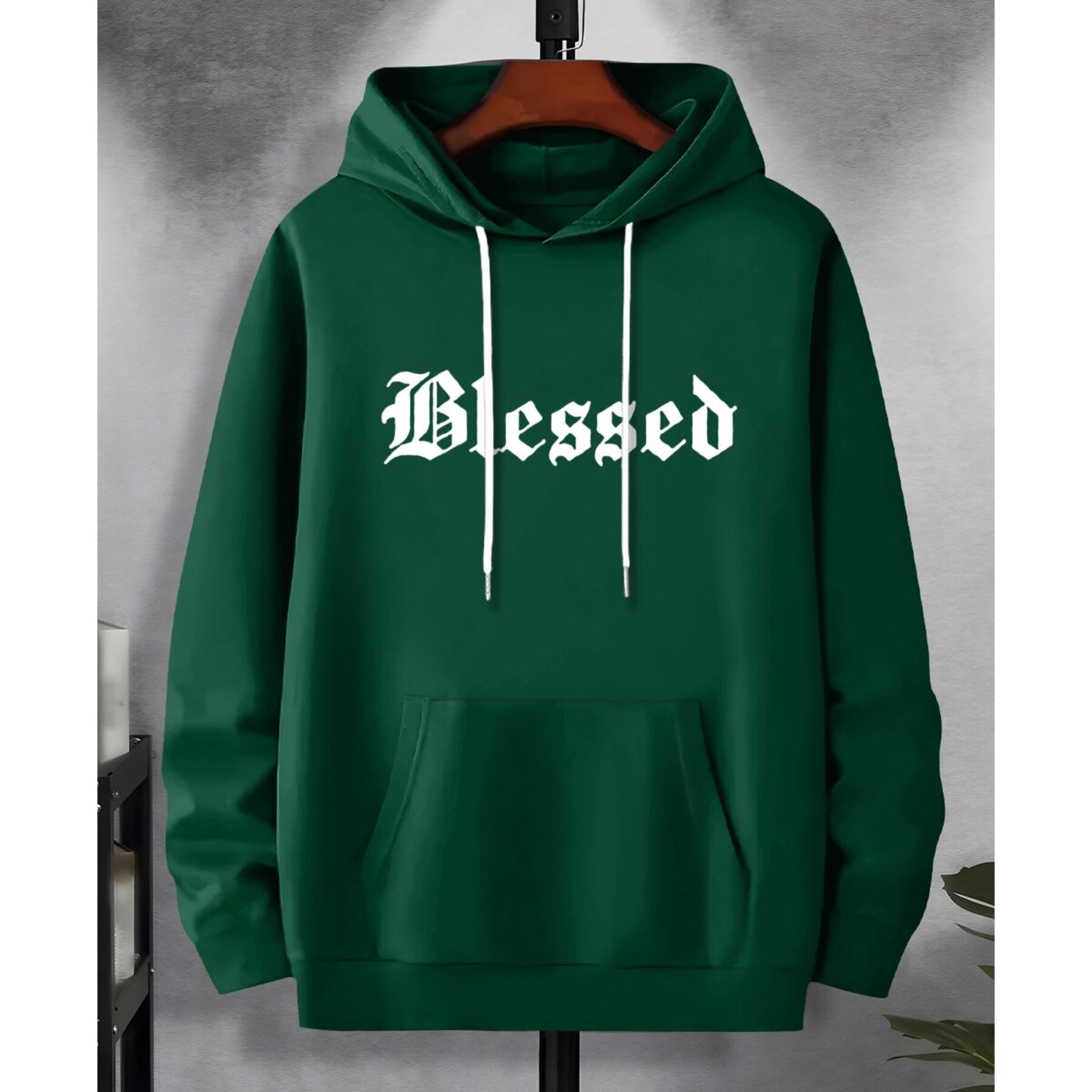 

Plus Size Casual Hooded Sweatshirt With "blessed" Print - 100% Polyester Knit Fabric, Slight Stretch, Regular Fit Hoodie For Men