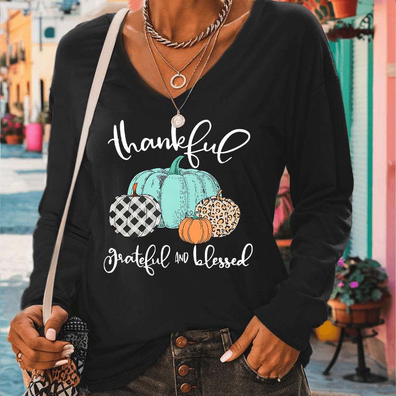 

Thanksgiving 4 Leopard Color Pumpkin Print Women's Casual V-neck Long Sleeve