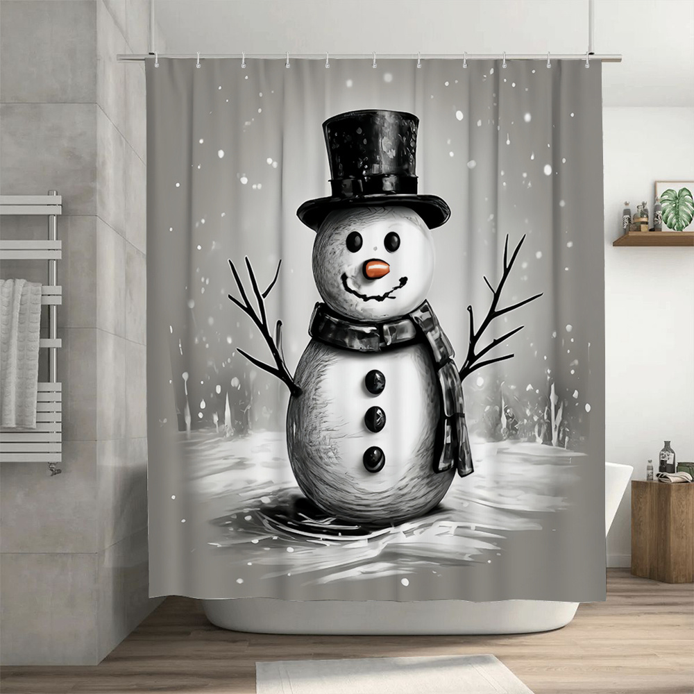 

1pc Snowman Christmas Shower Curtain, Modern Simple No Punching Waterproof Polyester Bathroom Curtain With Printed Festive Design, Woven Washable With Multiple Components - Fashion Theme Decor