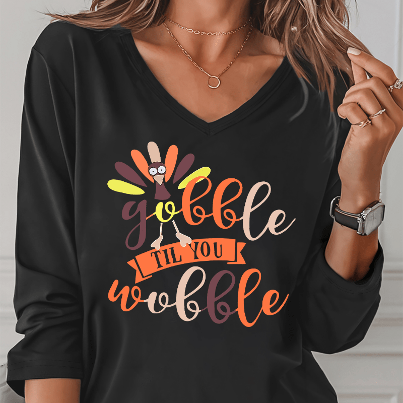 

Thanksgiving Print T-shirt, Long Sleeve V Neck Casual Top For Spring & Fall, Women's Clothing