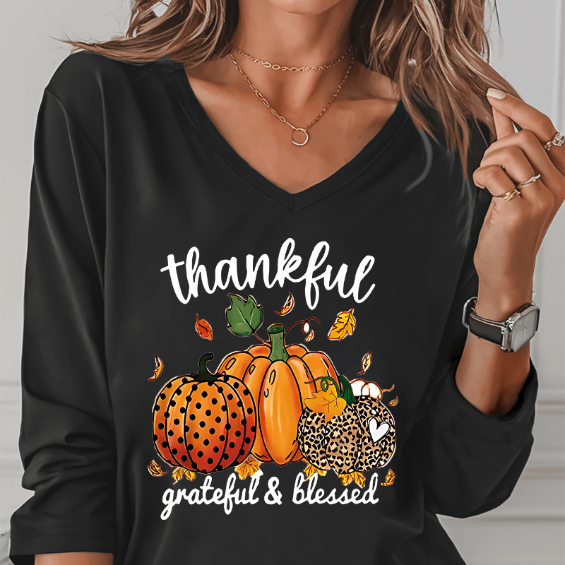 

Thanksgiving Women's Long Sleeve V-neck T-shirt With Leopard Print Pumpkins, Grateful & Blessed Graphic, Casual Polyester Knit Fabric Top For Spring/summer