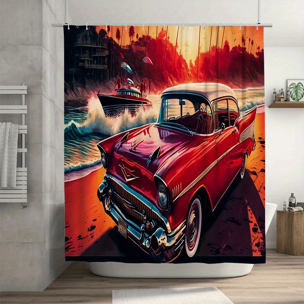 

Vintage Car Beach Scene Shower Curtain: 180cm X 70.86inch, Waterproof, Multiple Components, Drying Instructions, Fashionable Design, Suitable For Bathroom Decor