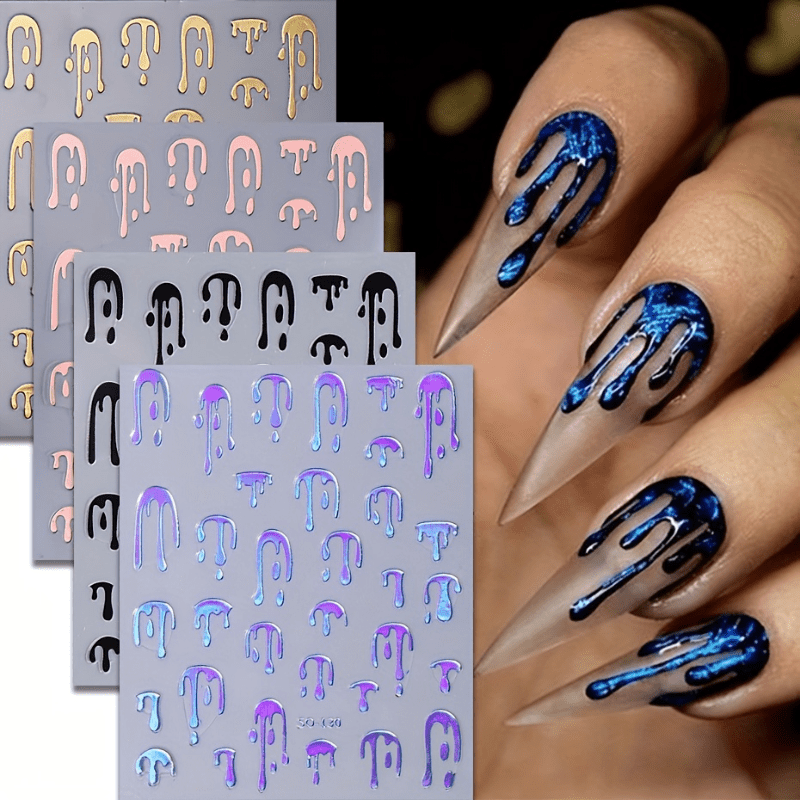 

4 Pack Glossy Art Stickers - Self-adhesive Glitter Dripping Pattern Decals For Women's Manicure, Rectangle Shape With Stripe Theme, Single Use, Plastic Surface Embellishment