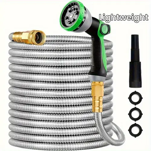 metal garden hose 25ft 100ft lightweight 304 stainless steel water hose with multifunction nozzle sprayer flexible high pressure puncture proof hose for yard outdoors