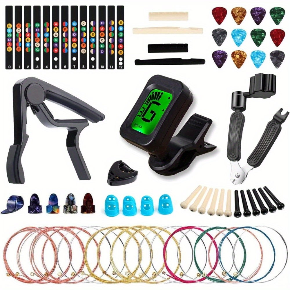 

60pcs Acoustic Guitar Accessories Kit Including Guitar Strings, Tuner, Capo, 3-in-1 Restring Tool, Pick Holder, Pins, Nuts & , Finger Protector, Finger Picks, Stickers