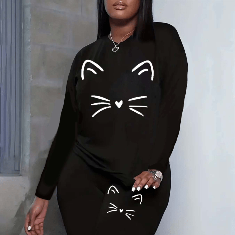 

Plus Size Women's Casual & Fitness Yoga Set - Long Sleeve Round Neck Top & Pants With Unique , Stretchy Polyester , Machine Washable