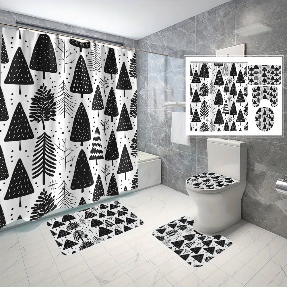 

Black And Pattern Shower Curtain Set With Hooks, Water-resistant Polyester Bath Curtain, Print Design, Machine Washable, Cartoon Trees Theme, Includes 12 C-type Hooks, Suitable For All Seasons