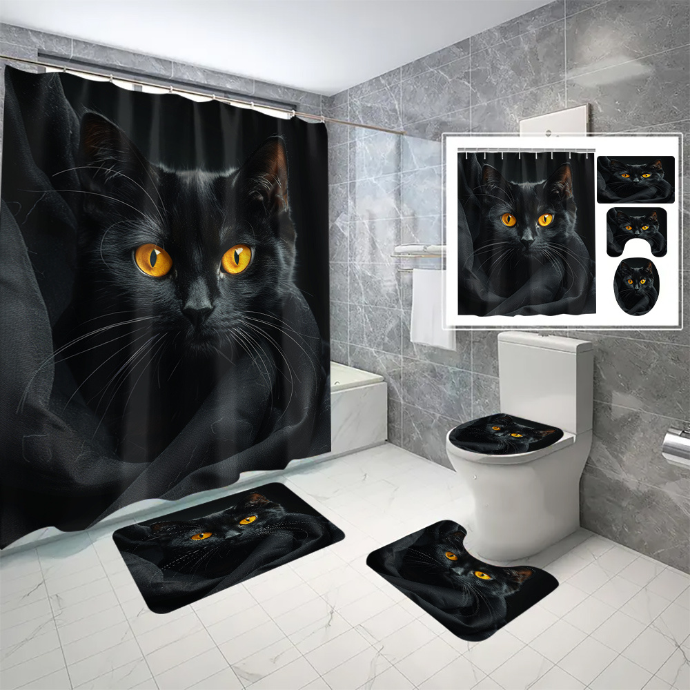 

Black Cat Shower Curtain Set With Yellow Eyes Print - Water-resistant Polyester Fabric Bathroom Decor With 12 C-type Hooks, Machine Washable, Animal Themed Bath Accessories For All Seasons