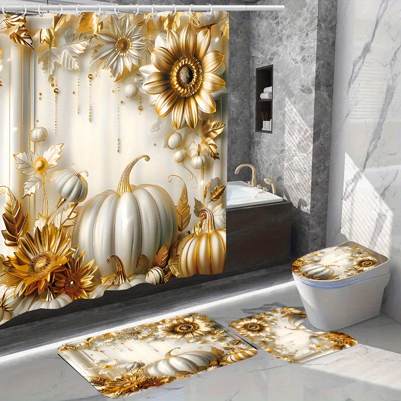 

Autumn Pumpkin Shower Curtain Set With Non-slip Mats, Water-resistant Woven Polyester, Includes 12 Hooks And Dry Clean Only Toilet Seat Cover For Bathroom Decor