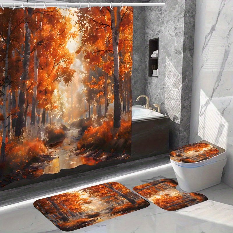 

Autumn Forest Shower Curtain Set With 12 Hooks: Toilet Seat Cover, Bathroom Mat, And Non-slip Rug - Polyester Fabric, Washable, And Waterproof - Perfect For Fall Decor