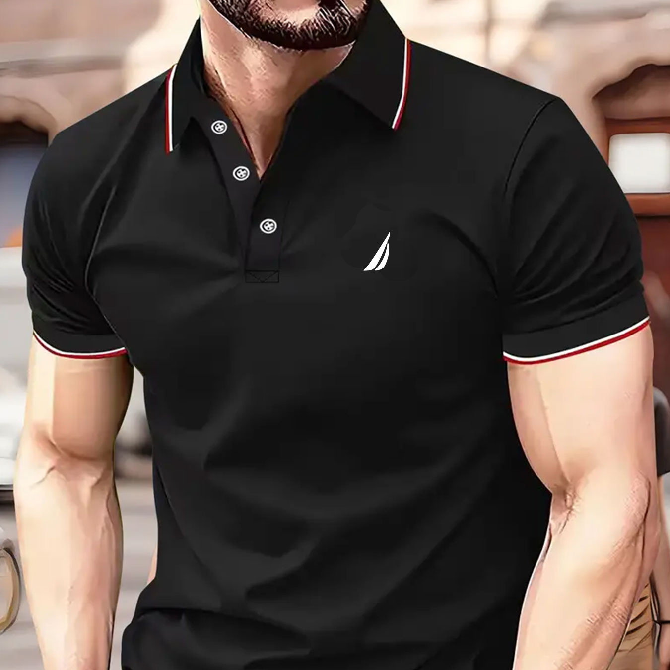 

Abstract Simple Sailboat Print, Men's Short Sleeves Lapel Collar Golf Shirt, Business Casual Comfy Top For Daily And Outdoor Wear