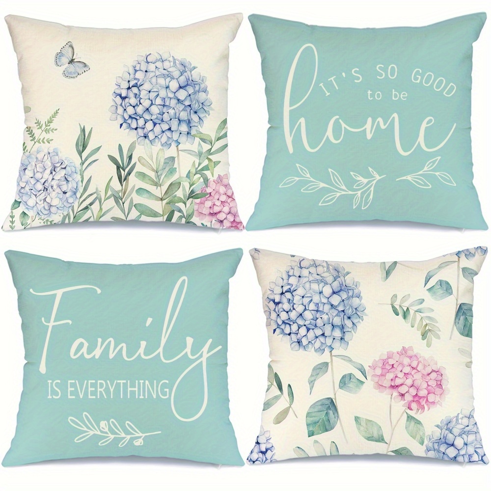 

4 Pcs Blue Hydrangea Linen Throw Pillow Covers-for Bed Sofa Living Room Home Decor, No Pillow Core, 18"*18