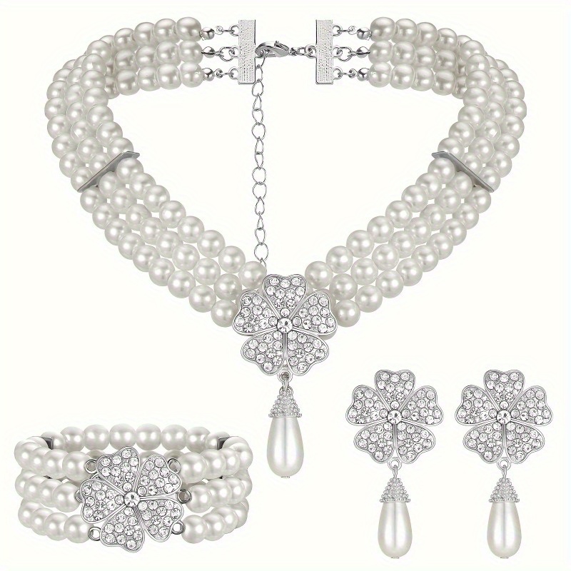 

3 Pcs 1920s Pearl Jewelry Set Including Vintage Flapper Earrings Multilayer Imitation Pearl Necklace Bracelet For Women Female