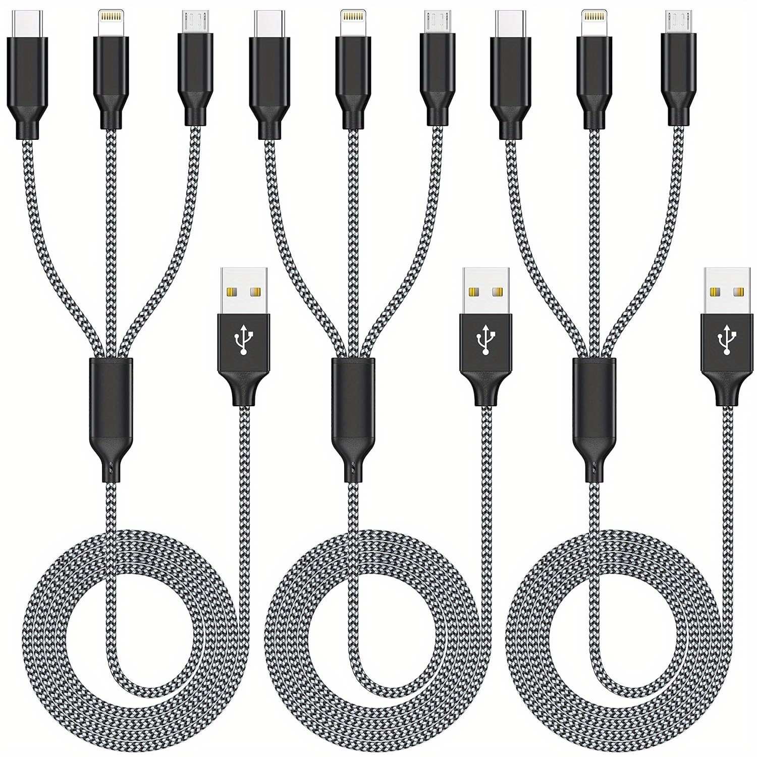 Câble Chargeur 3 En 1 Raviad - USB-C, Lightning, Micro-USB - Nylon Tressé 1,2m - Universel, Robuste - Neuf Sous Blister