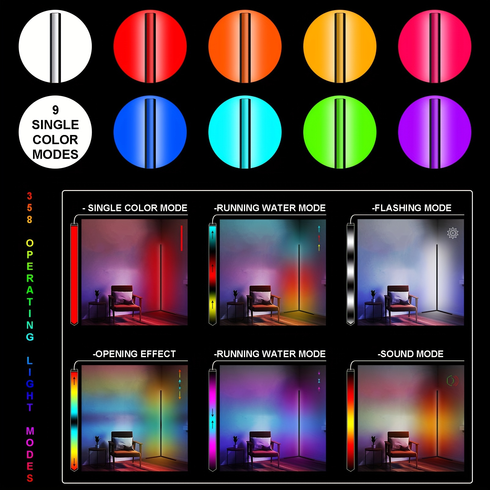 1/ 2pcs Corner Floor Lamp, Color Changing LED Floor Lamp (Adjustable 56 Inches About 142cm) with Music Synchronization, Modern Mood Lighting Corner Lamp with Remote And APP Control, Creative DIY Mode And Timing, Living Room Game Room RGBCW-2000K-600K