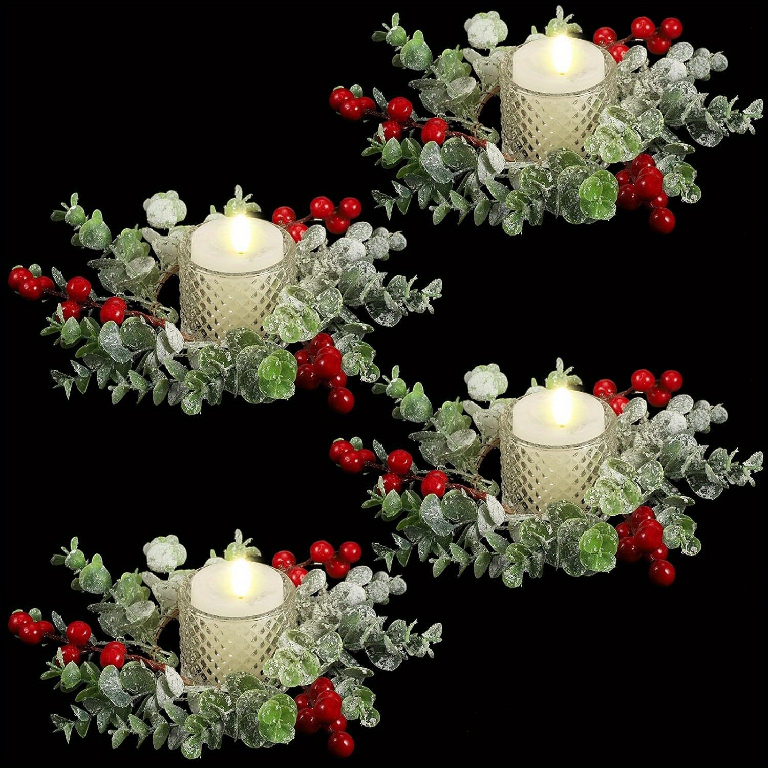 

2pcs Festive Holiday Candle Rings With Red Berry Accents And Greenery, Plastic Flameless Candle Wreath, Centerpiece Without Electricity Required For Seasonal Decor