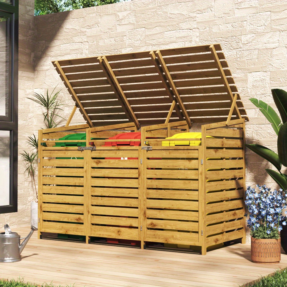 TEMU Large Triple Wheelie Bin Storage Wooden Store Cover Outdoor Garden Rubbish Dustbin 3 Shed Screening Recycling Box Storage Unit, 198x86x122.5cm