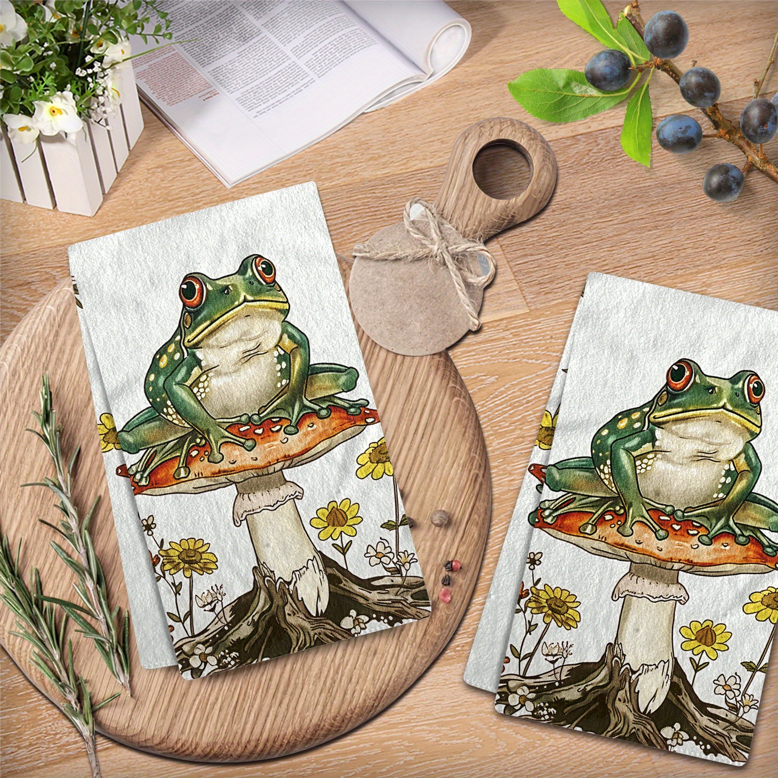 

2-pack Modern Microfiber Kitchen Towels - Cartoon Frogs On Mushrooms Design | Knit Fabric Dish Cloths | And Machine Washable For Cooking & Cleaning