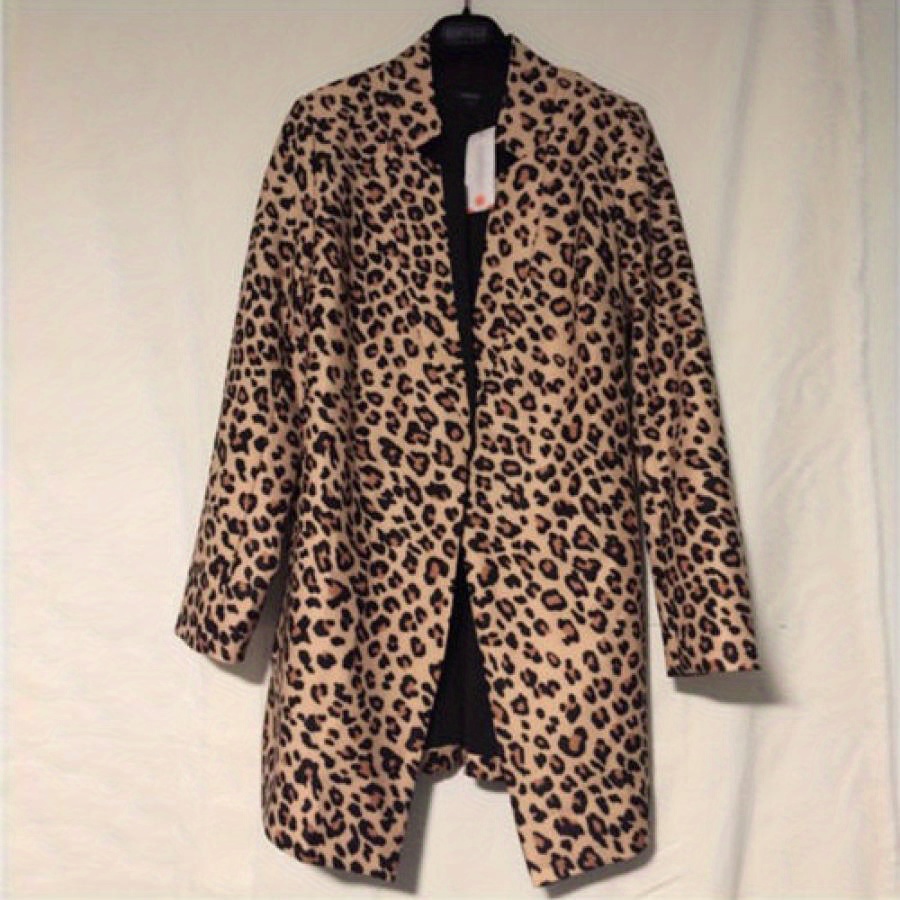 

1pc Elegant Leopard Print Midi Coat For Women - Cotton , Long Sleeve, Buttonless Front, Regular Sleeves, Woven, Non-waterproof, Spring/summer/fall Fashion