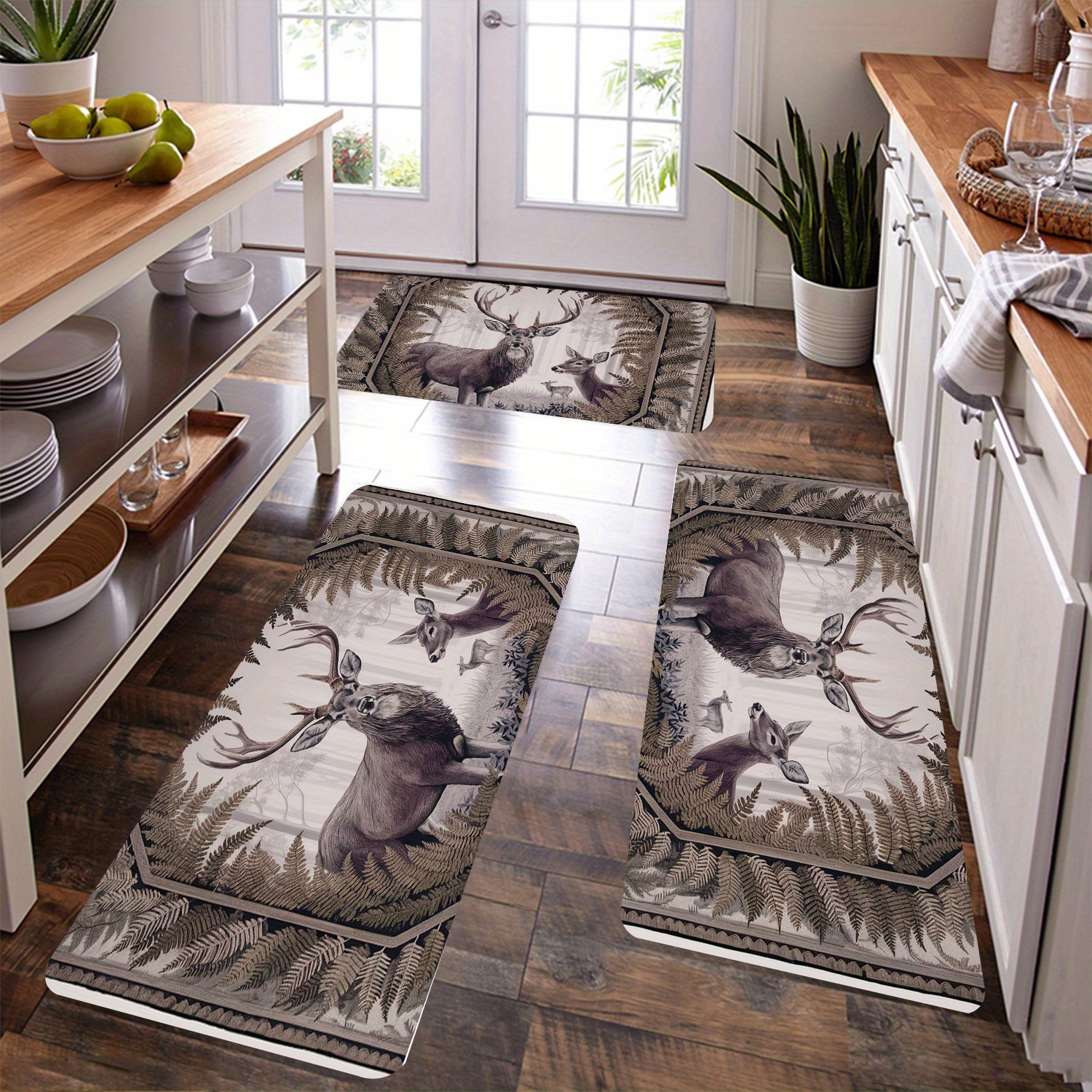 

3-piece Wildlife-themed Kitchen Area Rugs Set - Non-slip, Oil-proof, Water-absorbent Polyester Mats For Bedroom, Living Room, Indoor Spaces - Machine Washable Flannel Floor Carpets