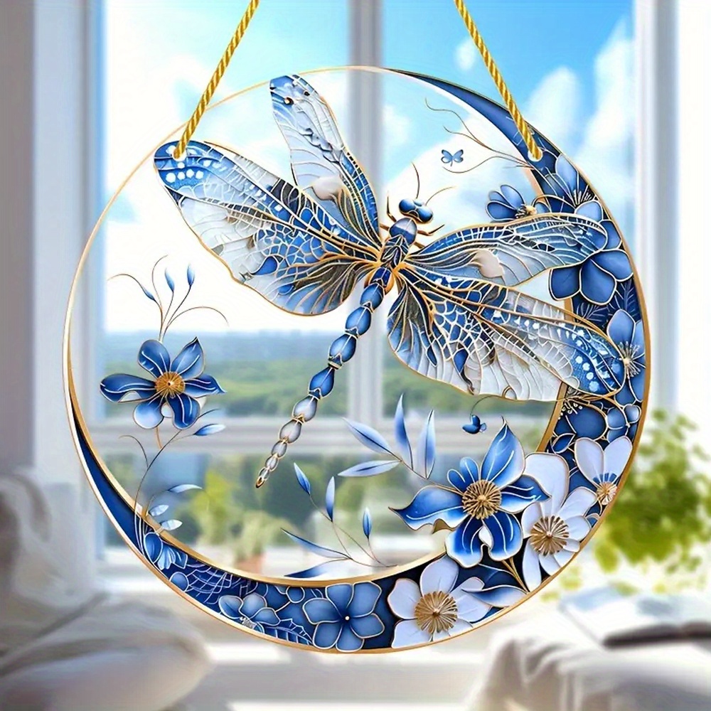 

Blue & White Porcelain Dragonfly Flower Acrylic Hanging Sign - Translucent Sun Catcher For Home, Office, Garden Decor - Perfect Housewarming Or Appreciation Gift