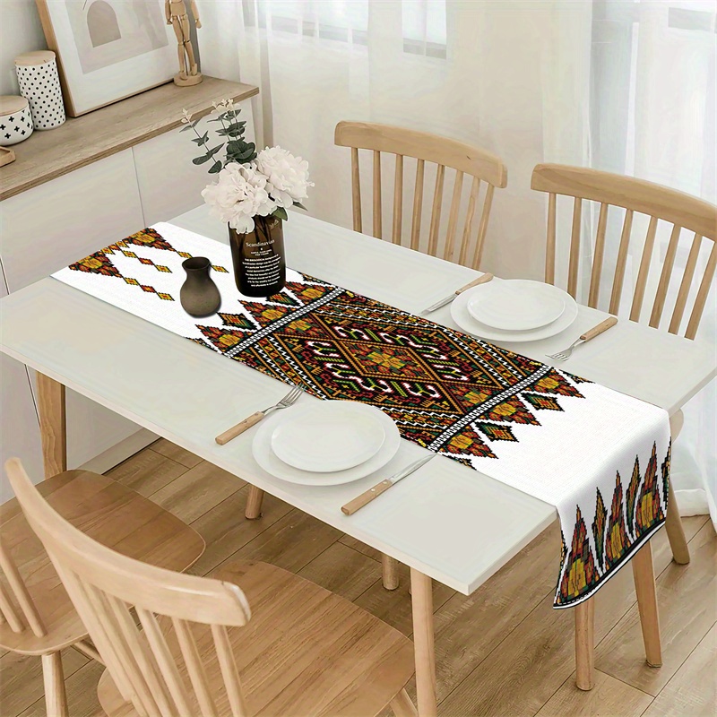 

1pc Bohemian European Pattern Table Runner, Linen Creative Print Table Mat, Festive Party Decor For Indoor & Outdoor Gatherings, Weddings, Banquets, Home Decor Gift, Rectangular Woven Linen Tablecloth